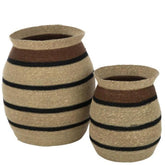 Manden Rond Gestreept Marie Zeegras Bruin Zwart Set van 2 - Mand - J-Line - livinglovely.nl