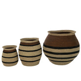 Manden Rond Gestreept Marie Zeegras Bruin Zwart Set van 3 - Mand - J-Line - livinglovely.nl