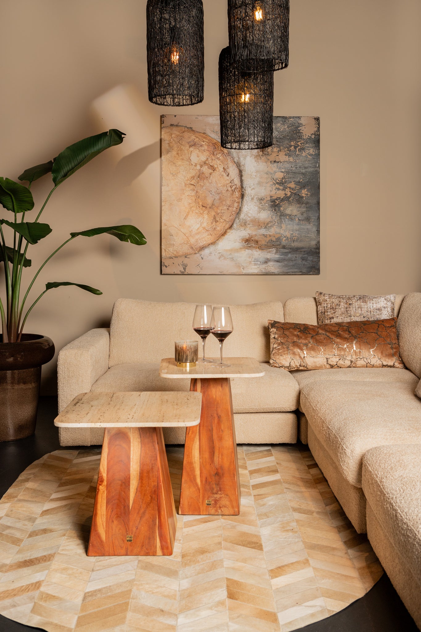 Megga Brown Big Glazed Ceramic Pot Thick Border set van 2 PTMD - Pot - PTMD - livinglovely.nl