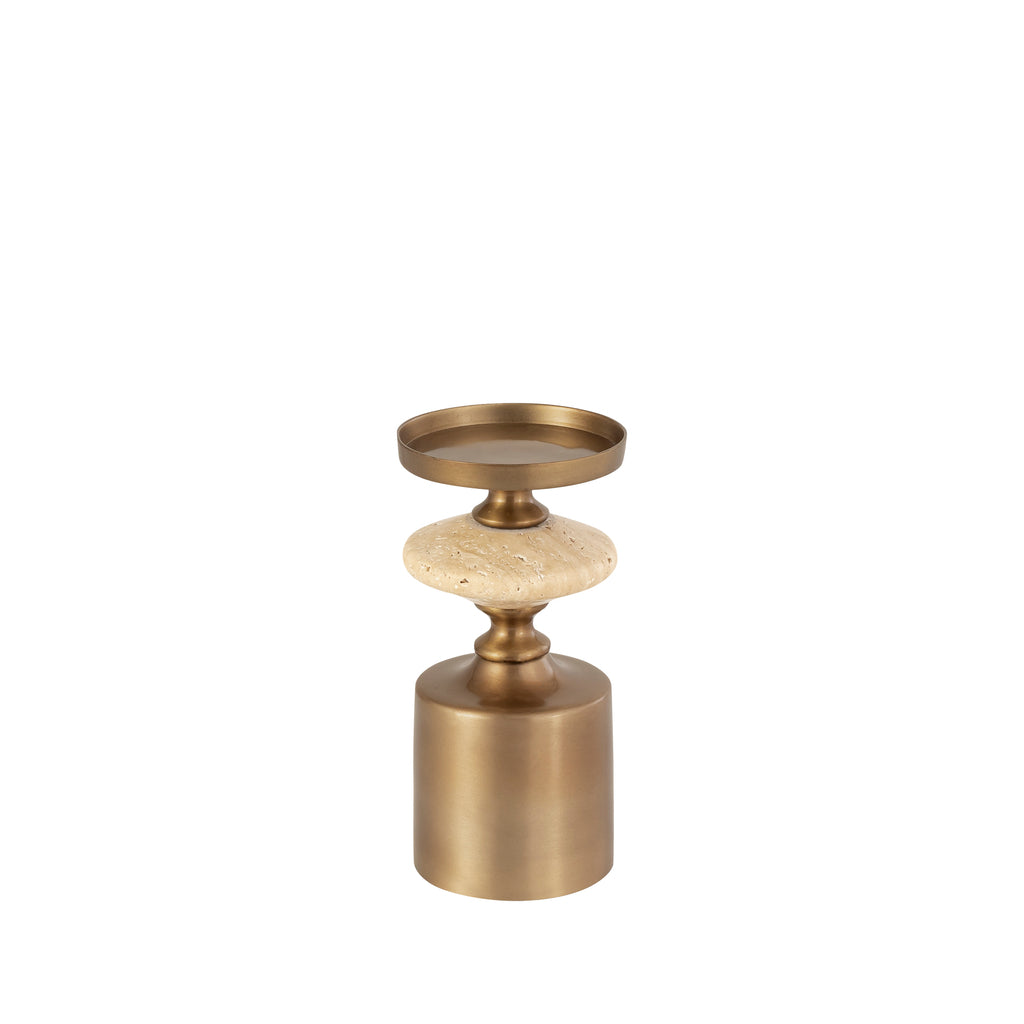 Nikolaos Brass candleholder travertine round S PTMD - Kandelaar - PTMD - livinglovely.nl