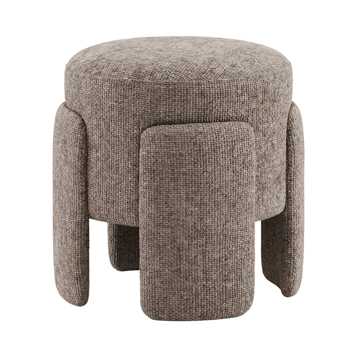 Pico Poef Stof Taupe Rond Legacy van PTMD, compacte ronde poef in taupe vanuit een andere hoek