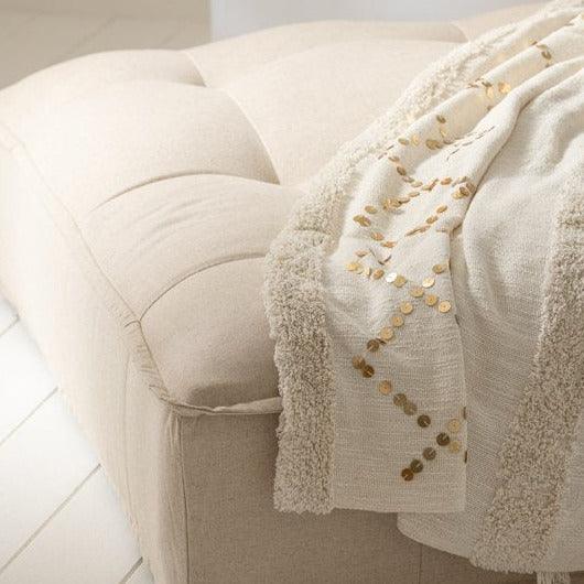 Plaid Diamanten + Franjes Katoen/Pailletten Wit/Goud - Poef - J-Line - livinglovely.nl