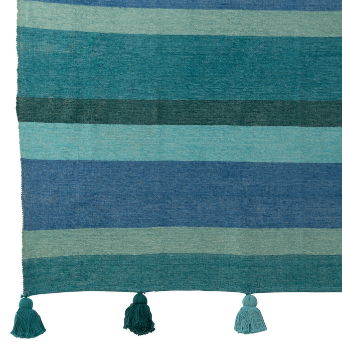 Plaid Strepen + Kwastjes Katoen Blauw J-Line - Poef - J-Line - livinglovely.nl