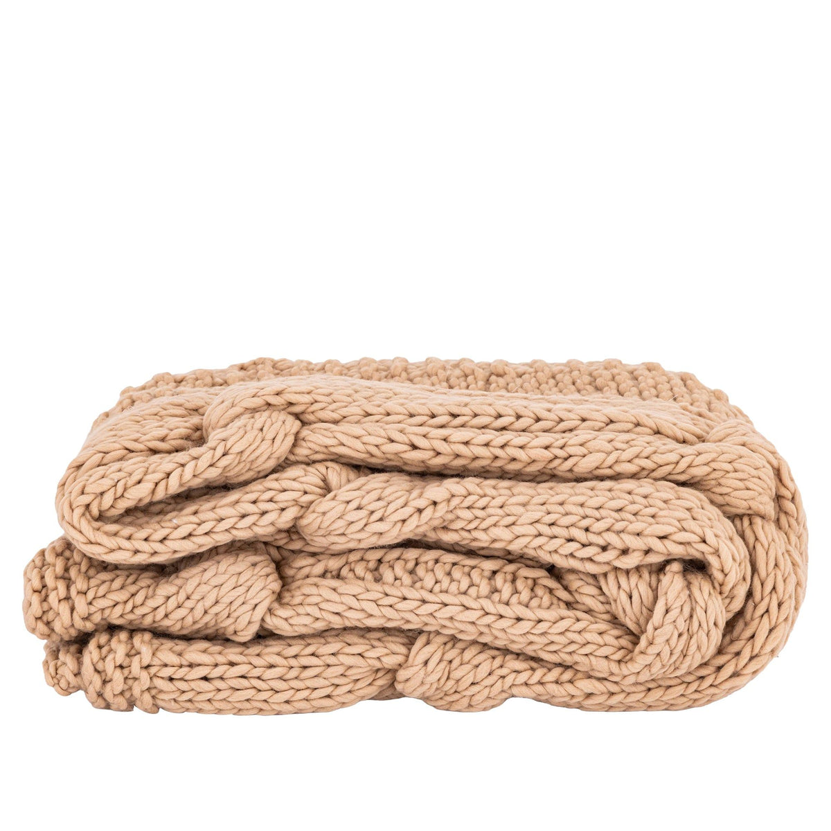 Rama Plaid Wol Handgebreid Taupe van PTMD, vooraanzicht, handgebreide taupe wollen plaid