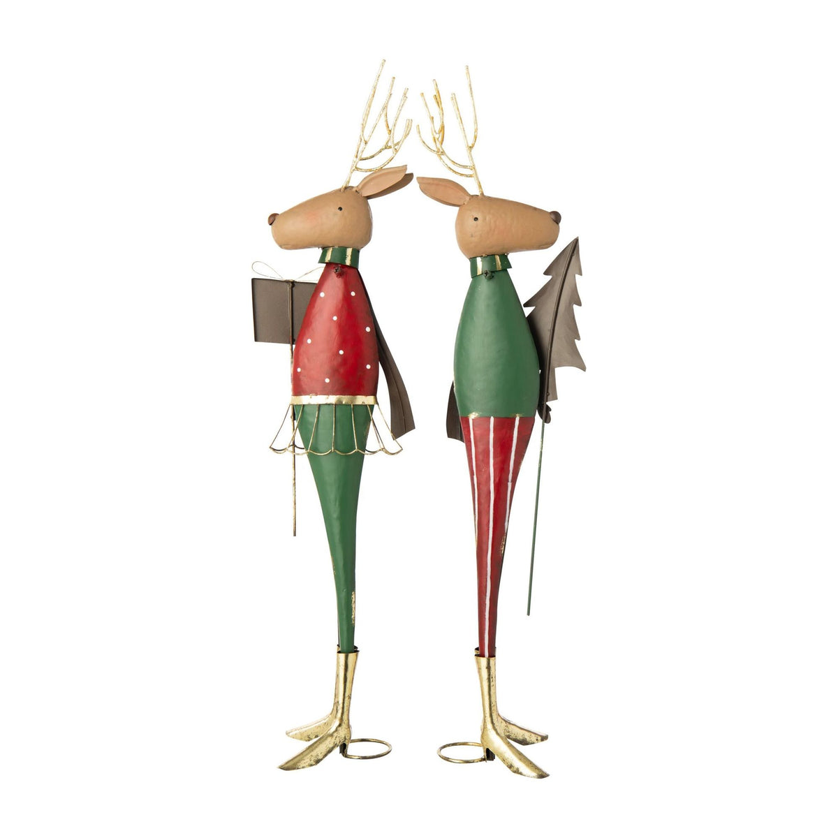 Rendier met Kerstboom en Cadeau Metaal Rood/Donkergroen Assortiment van 2 J-Line