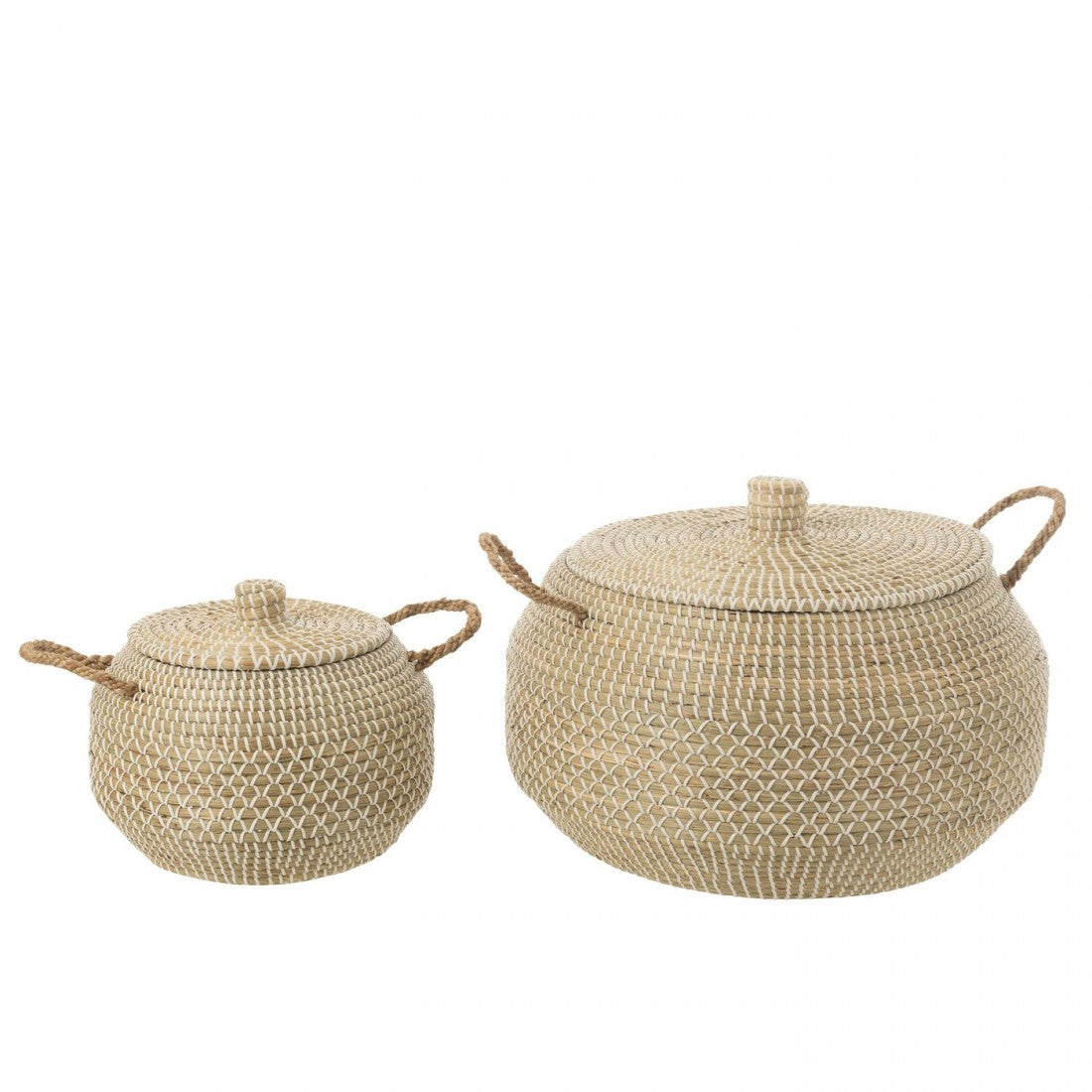 Mand Handvat + Deksel Zeegras Naturel/Wit Set van 2 J-Line
