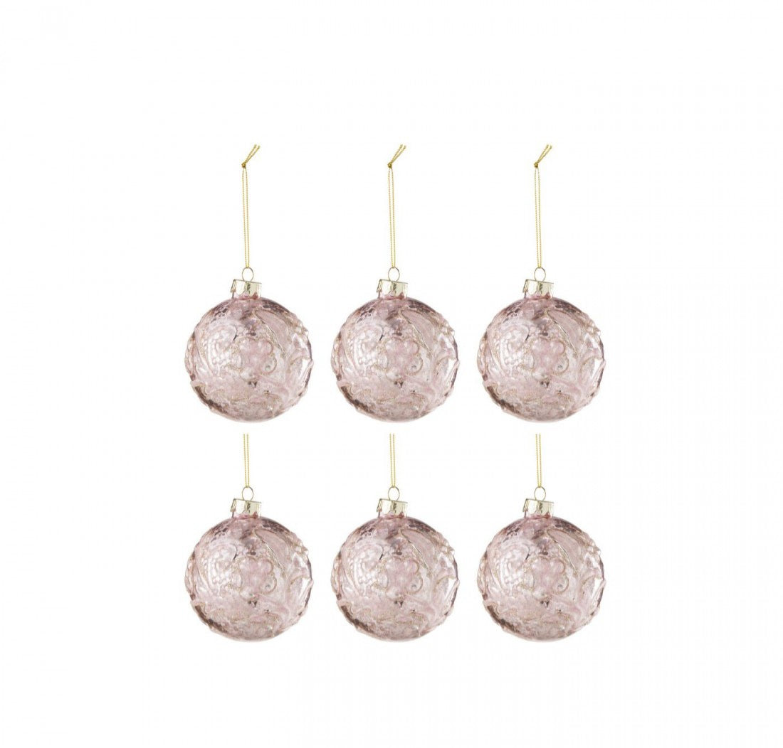 Doos Van 6 Kerstbal Motief Roos Pailletten Glas Licht Roze Small J-Line
