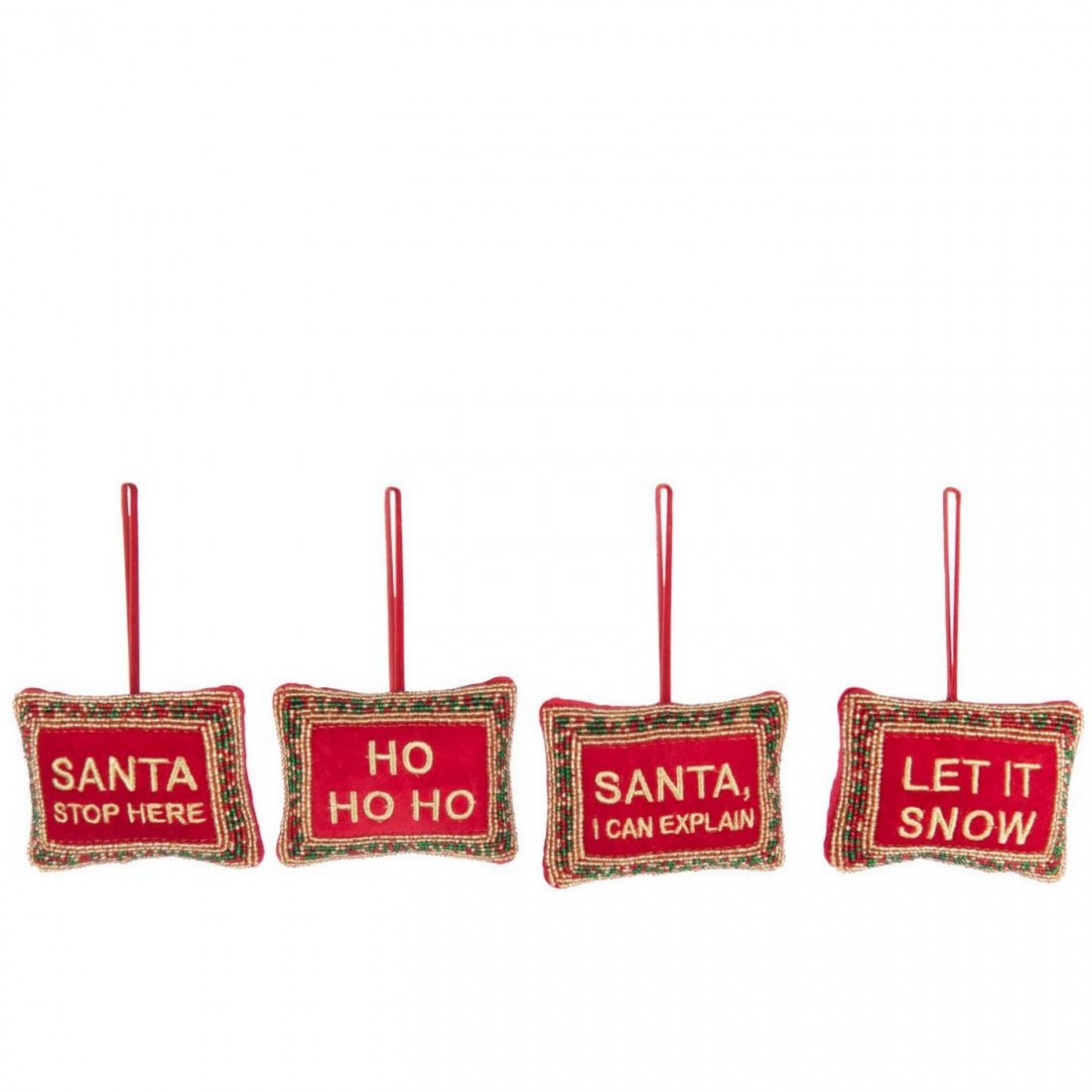 Hanger Kerstcitaten Kralen/Fluweel Kerstrood/Goudkleurig Set van 4 J-Line