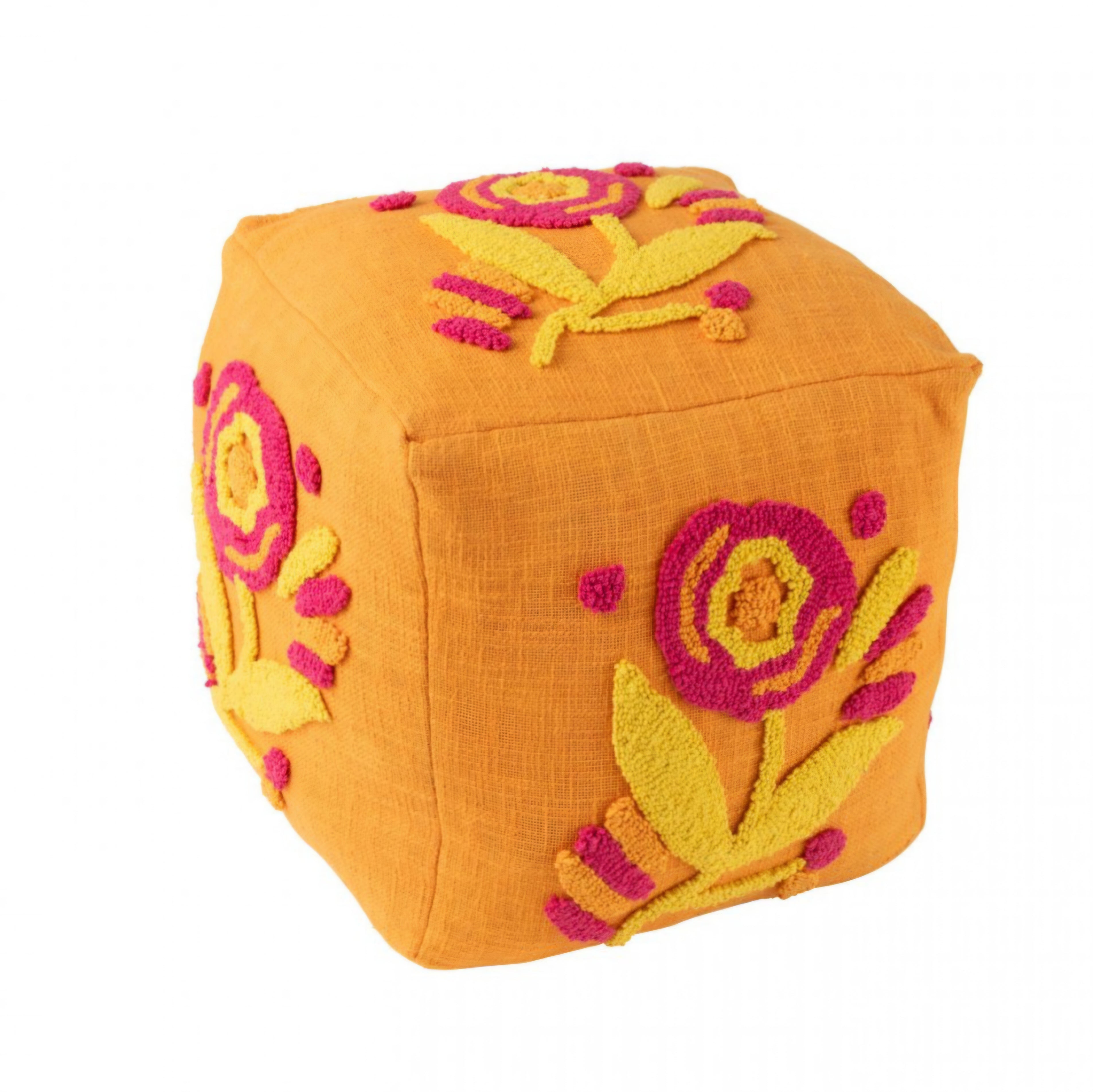 Poef Vierkant Bloem Katoen Oranje/Roze/Geel J-Line