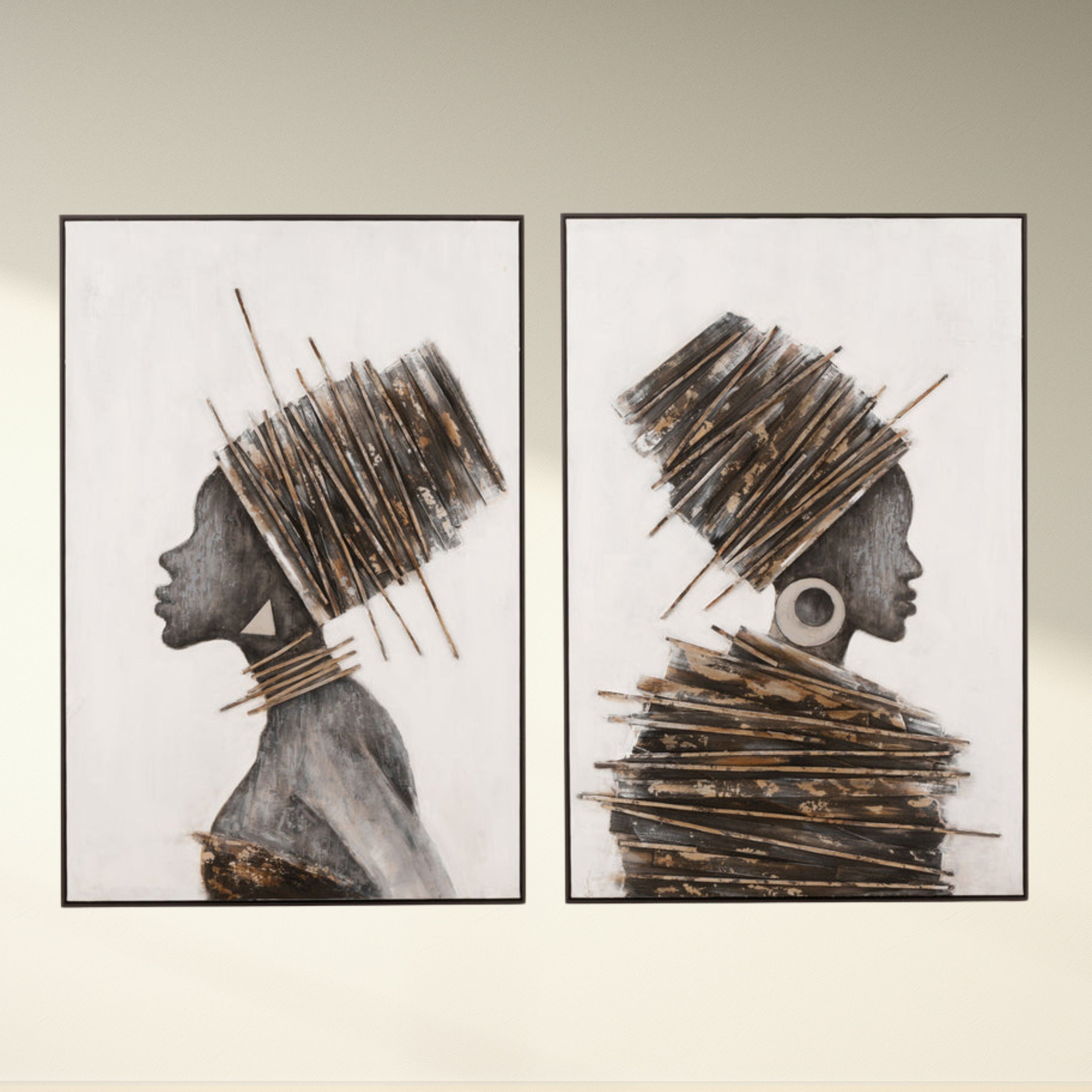 Schilderij Afrikaanse Vrouw Hout/Canvas Bruin/Grijs set van 2 - Schilderij - J-Line - livinglovely.nl