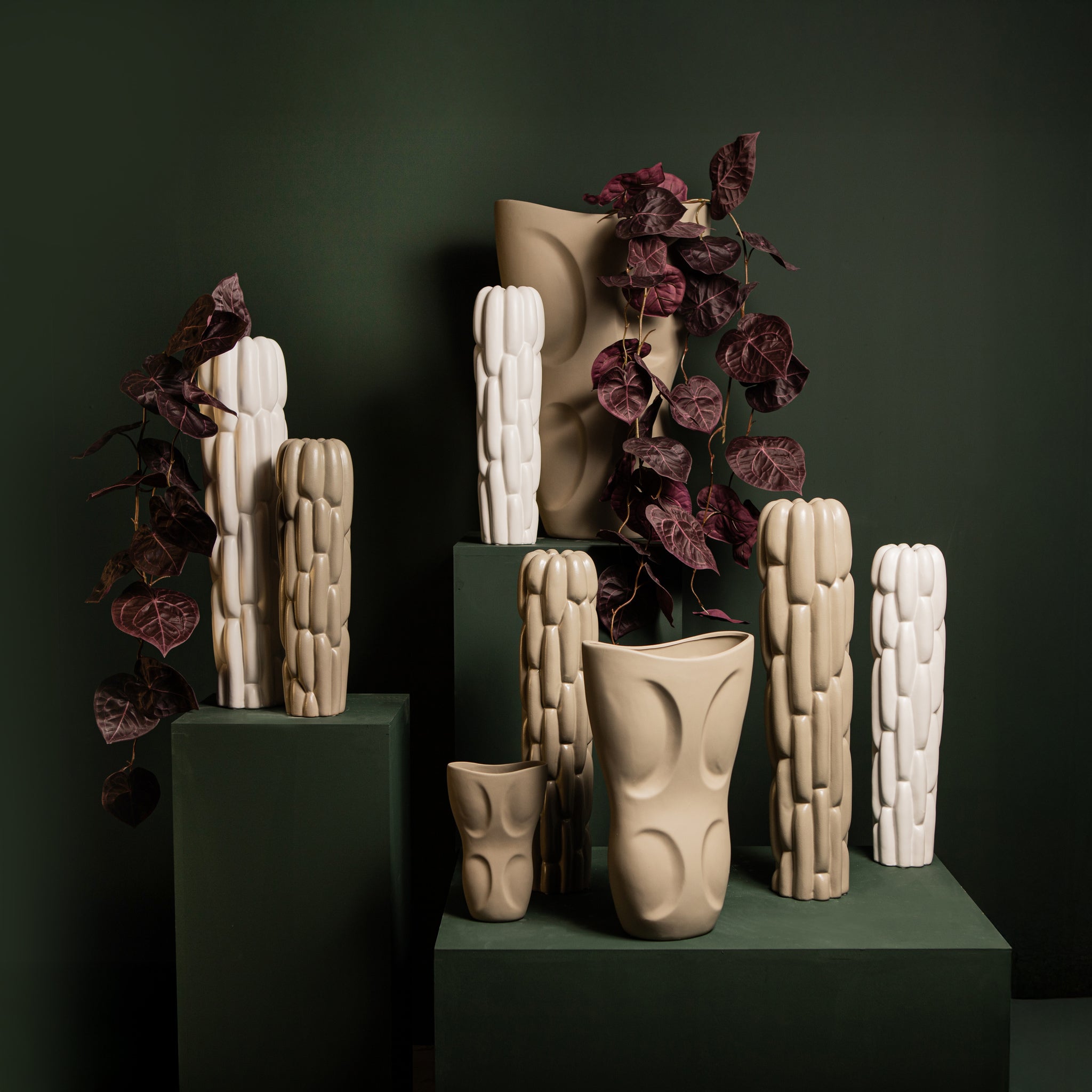 Seanis White Round Ceramic Vase Block Pattern M 14,5x14,5x61cm PTMD - Vaas - PTMD - livinglovely.nl