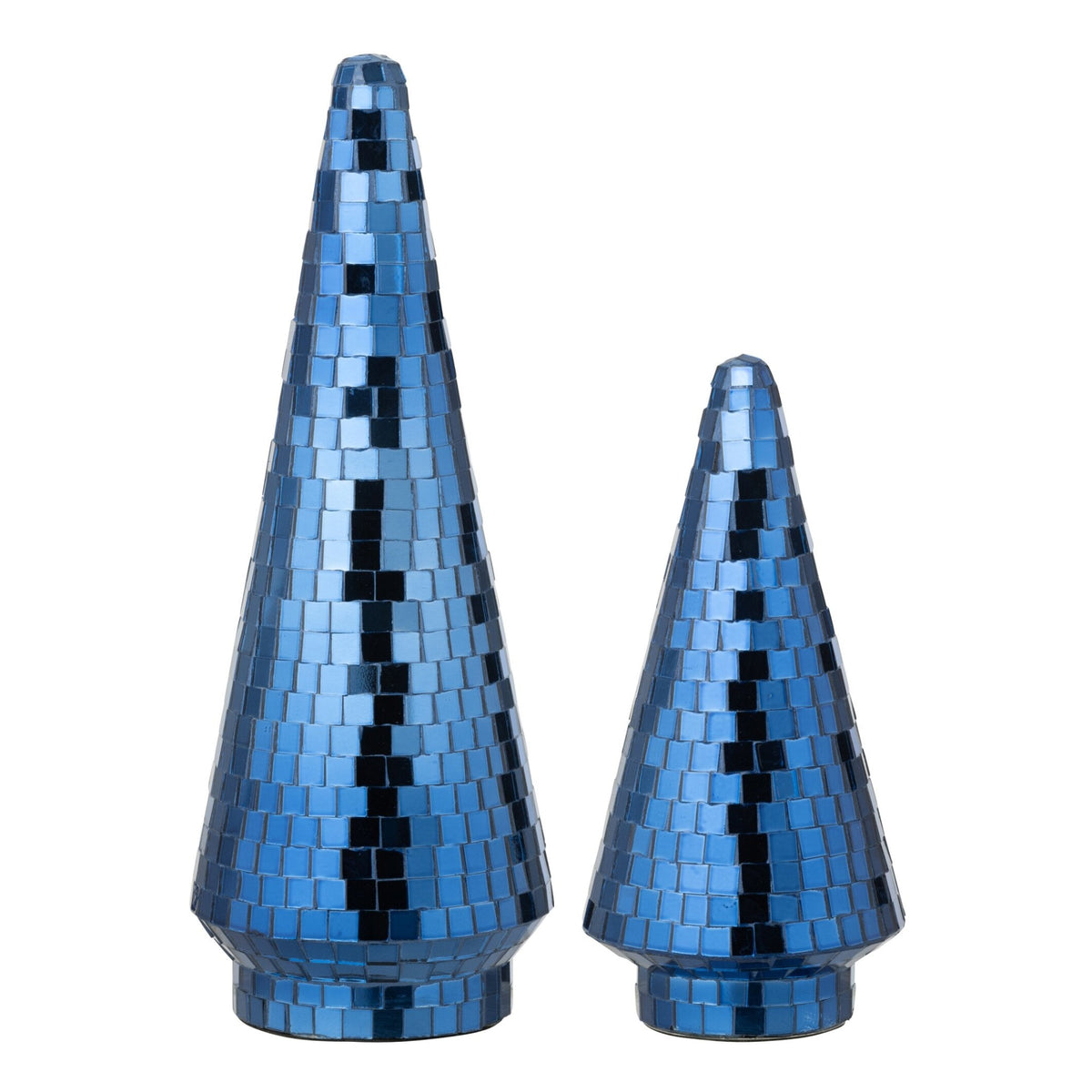 Set Van 2 Kerstbomen Spiegelglas Blauw van J-Line, de complete set met beide kerstbomen naast elkaar op witte achtergrond