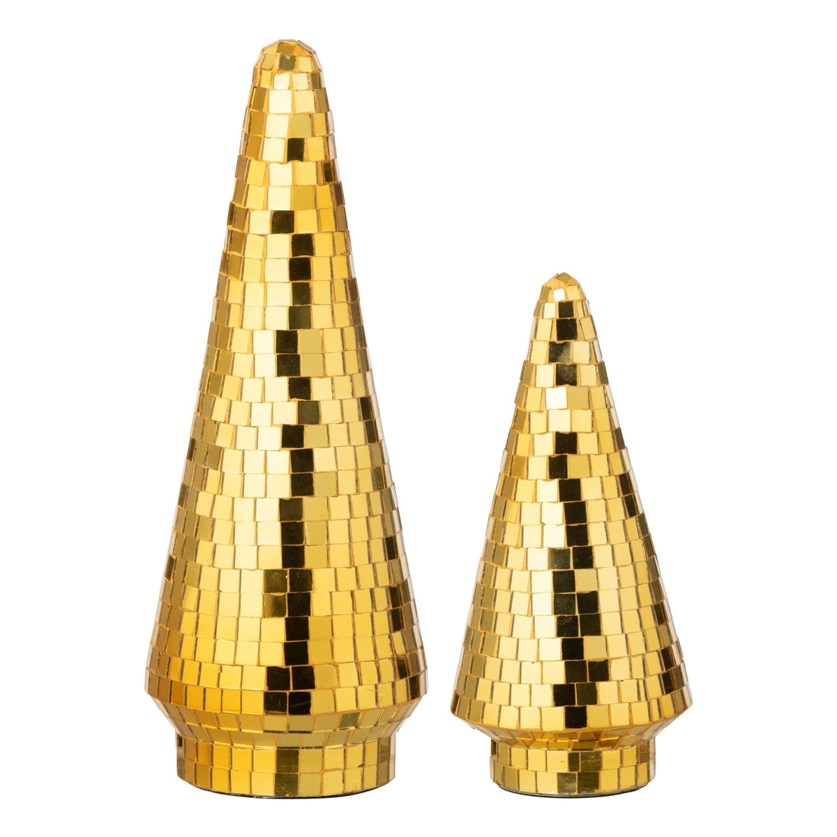 Set Van 2 Kerstbomen Spiegelglas Goud van J-Line, de complete set met beide kerstbomen naast elkaar op witte achtergrond