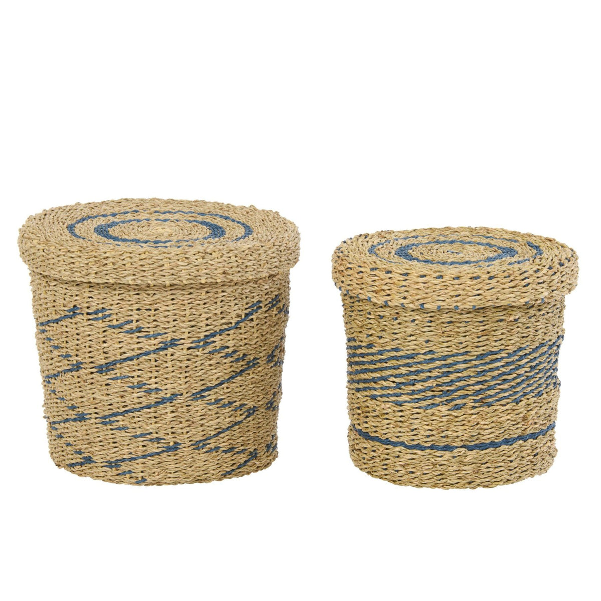 Set van 2 Mand + Deksel Gestreept Papier Naturel/Blauw J-Line