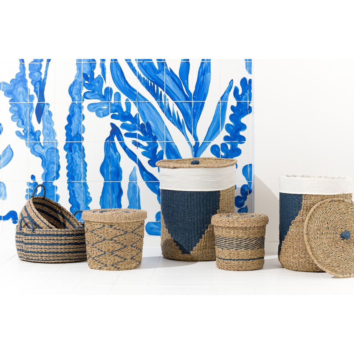 Set van 2 Mand + Deksel Gestreept Papier Naturel/Blauw J-Line