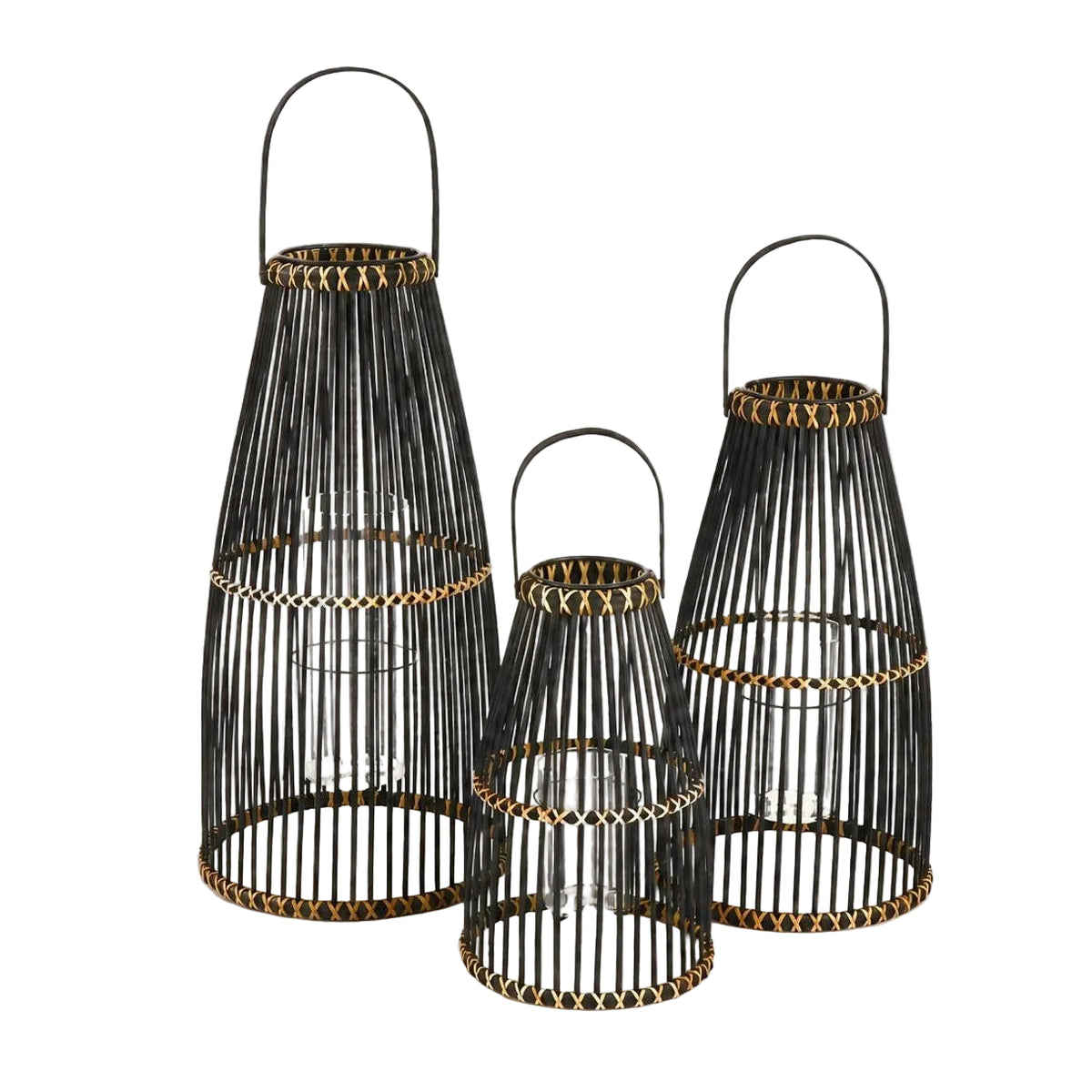 Set Van 3 Lantaarns Skagen Bamboe Zwart van Pomax, productfoto in zwart met de volledige vorm in beeld