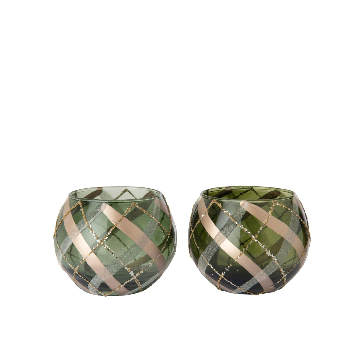 Set Van 2 Theelichthouders Geruit Glas van J-Line, twee bolle glazen houders met groen gouden dessin