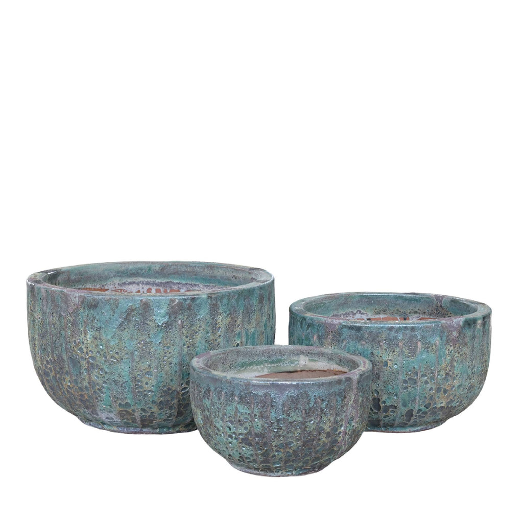 Siantelle Green Round Ceramic Pot With Lines Set van 3 PTMD - Pot - PTMD - livinglovely.nl