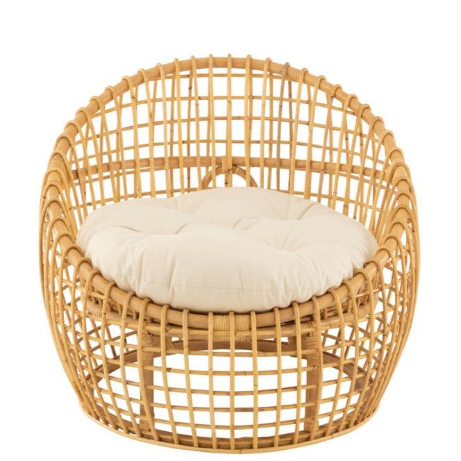 Stoel Lise + Kussen 1 Persoon Rotan/Textiel Naturel/Wit J-Line - Fauteuil - J-Line - livinglovely.nl
