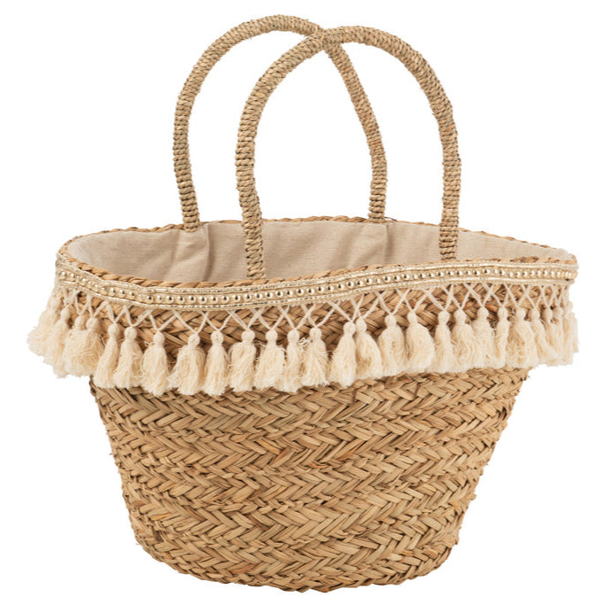Strandtas Kwastjes Wit Riet Naturel - Tas - J-Line - livinglovely.nl