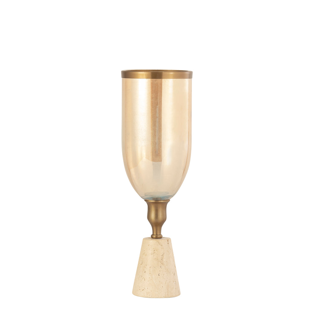 Tadh Brass glass stormlight travertin base round S - Kandelaar - PTMD - livinglovely.nl