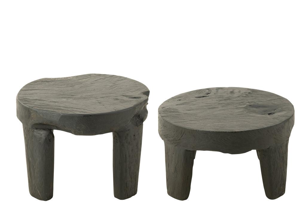 Tafel Rond Teak Hout Zwart Set van 2 - Bijzettafel - J-Line - livinglovely.nl