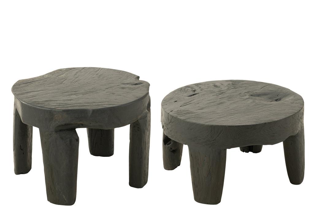 Tafel Rond Teak Hout Zwart Set van 2 - Bijzettafel - J-Line - livinglovely.nl