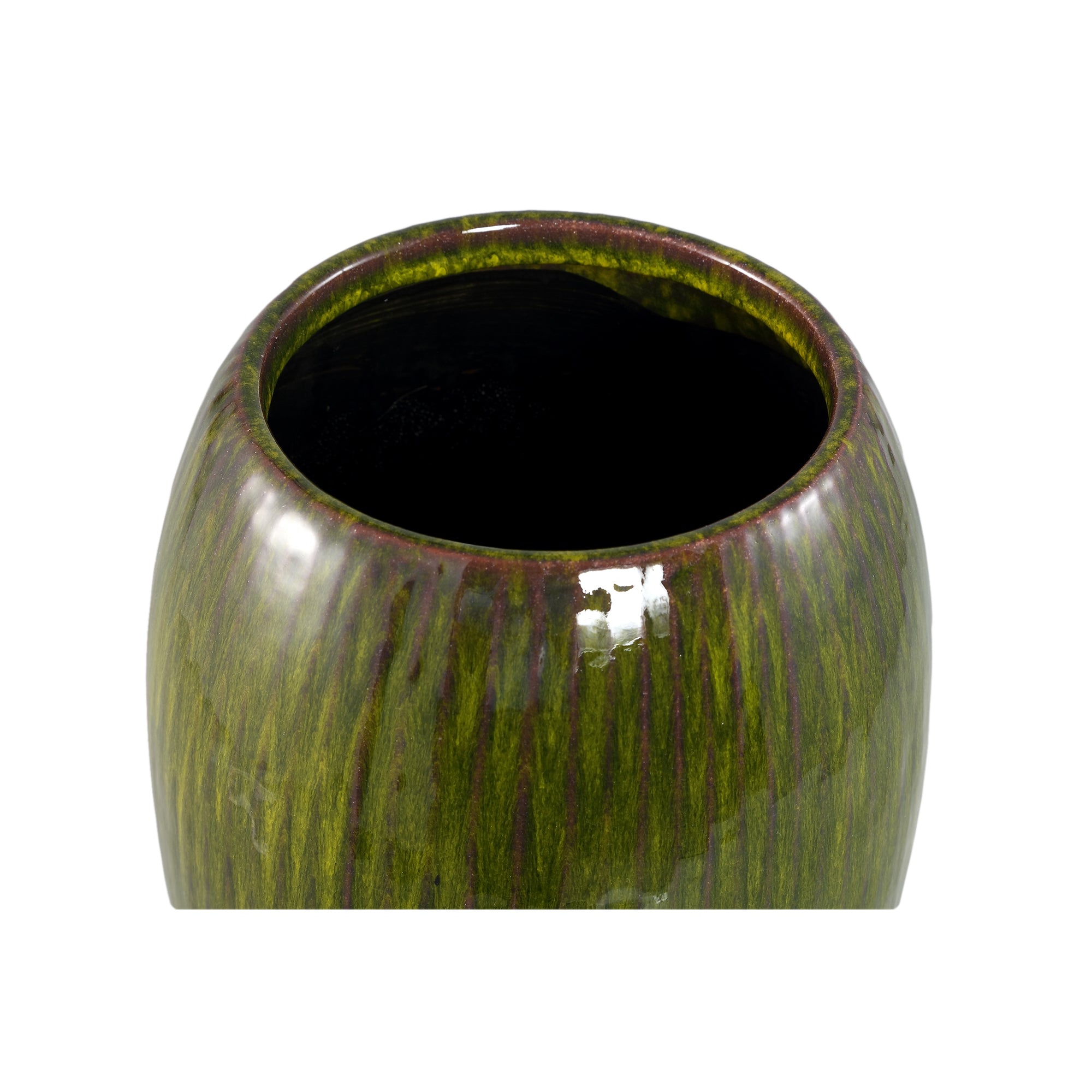 Tamica Dark Green Ceramic Pot M van PTMD, bovenaanzicht van de opening op witte achtergrond