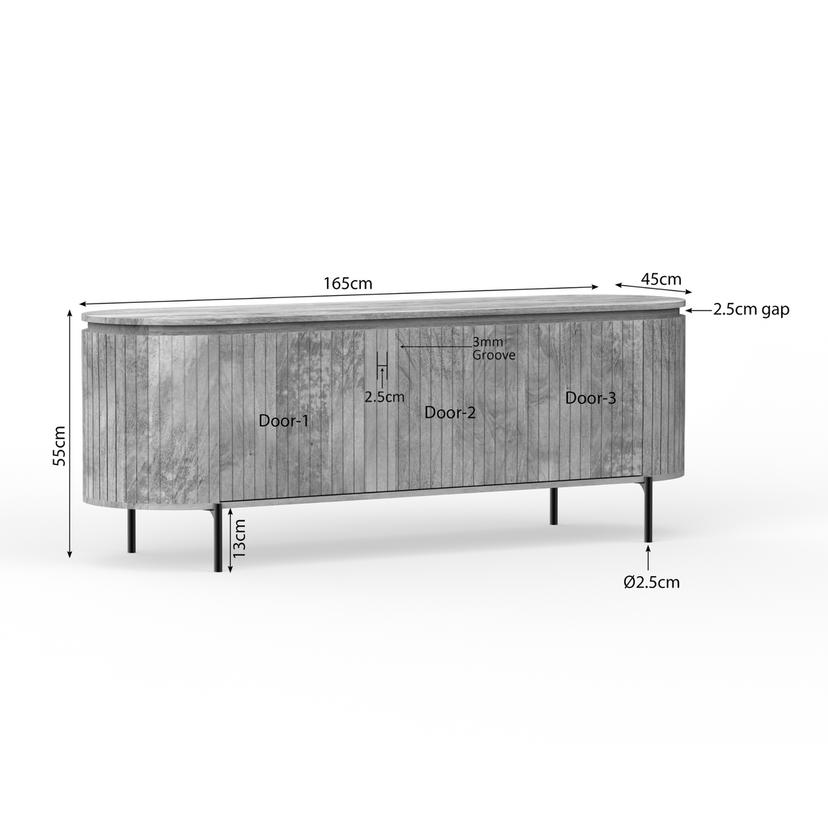 Maatschets van tv meubel Solana van Starfurn, 165 cm breed en 55 cm hoog