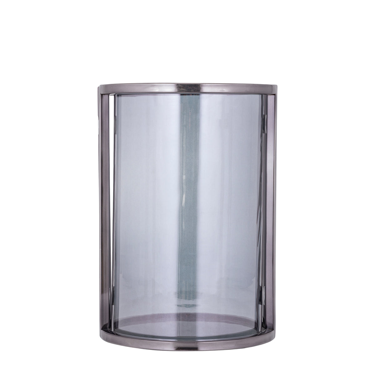 Windlicht Jarie Gunmetal Large van PTMD, windlicht met roestvrijstalen frame op witte achtergrond