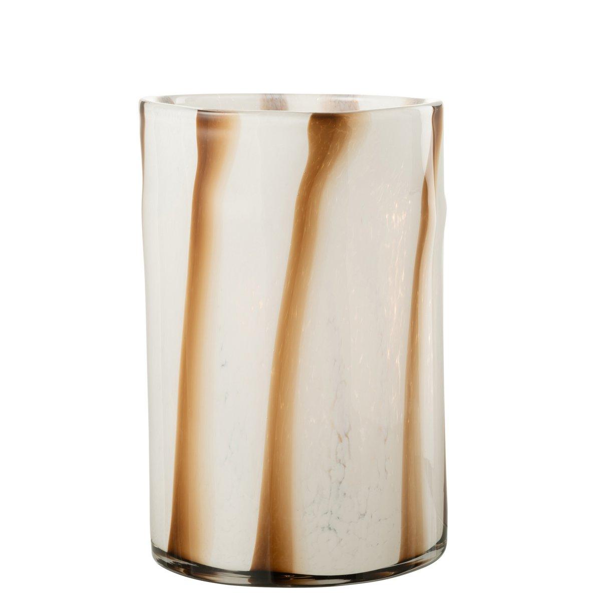 Windlicht Strepen Safari Glas Wit/Bruin Large - Windlicht - J-Line - livinglovely.nl
