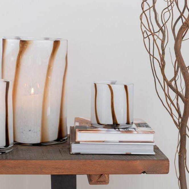 Windlicht Strepen Safari Glas Wit/Bruin Large - Windlicht - J-Line - livinglovely.nl