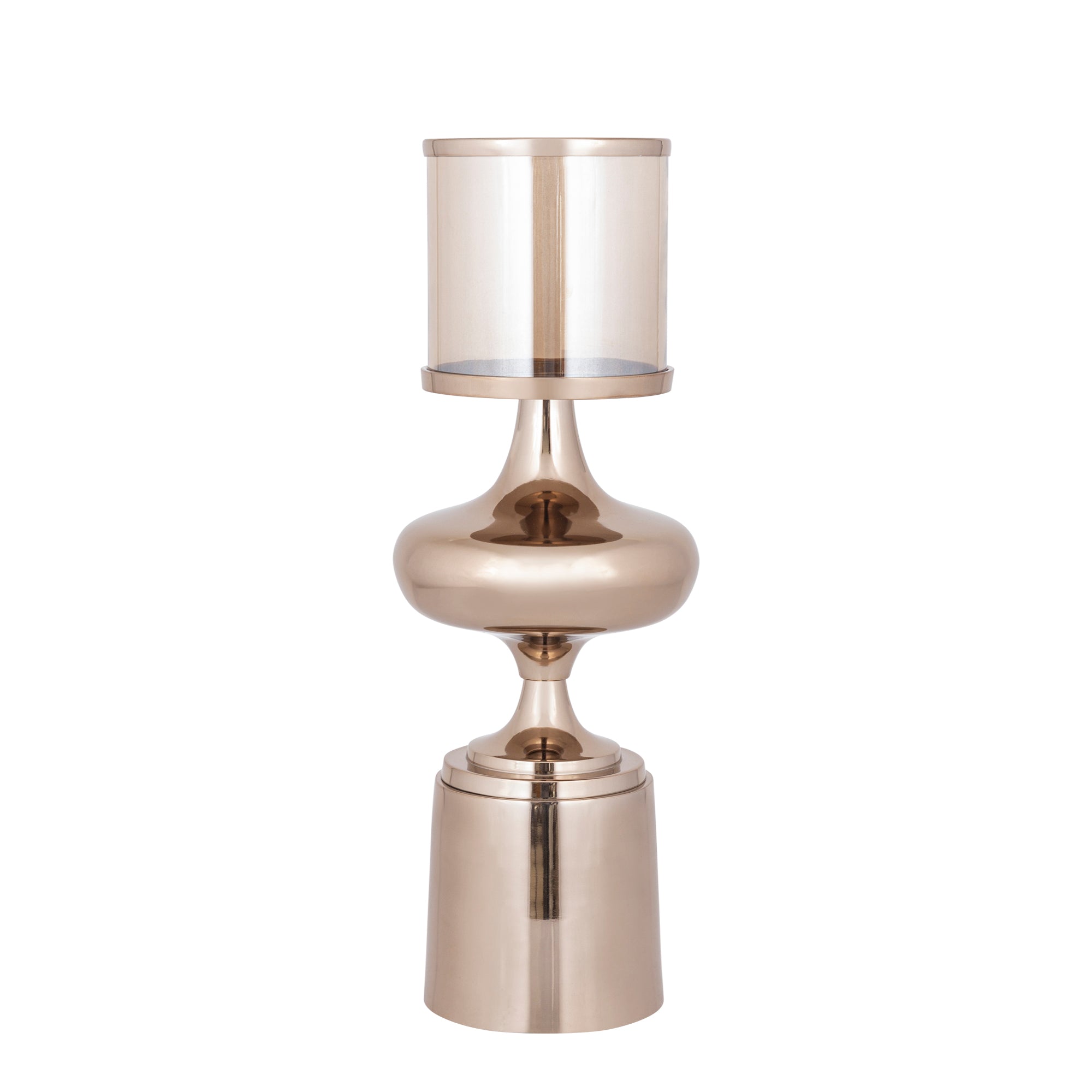 Windlicht Uvira Bruingoud Large van PTMD, aluminium met amberkleurige luster, volledig op witte achtergrond