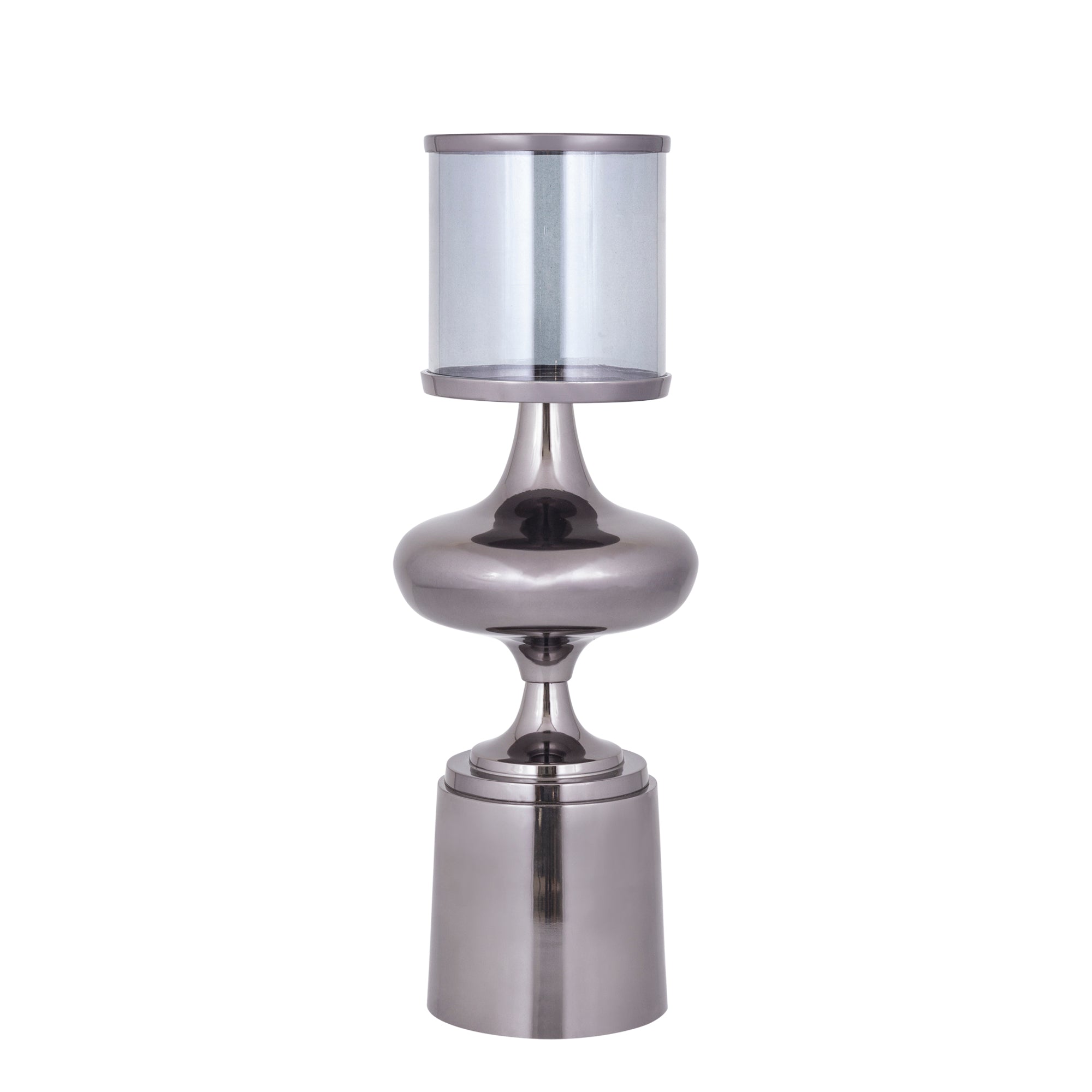 Windlicht Uvira Gunmetal Large van PTMD, aluminium met grijze gunmetal luster, op witte achtergrond