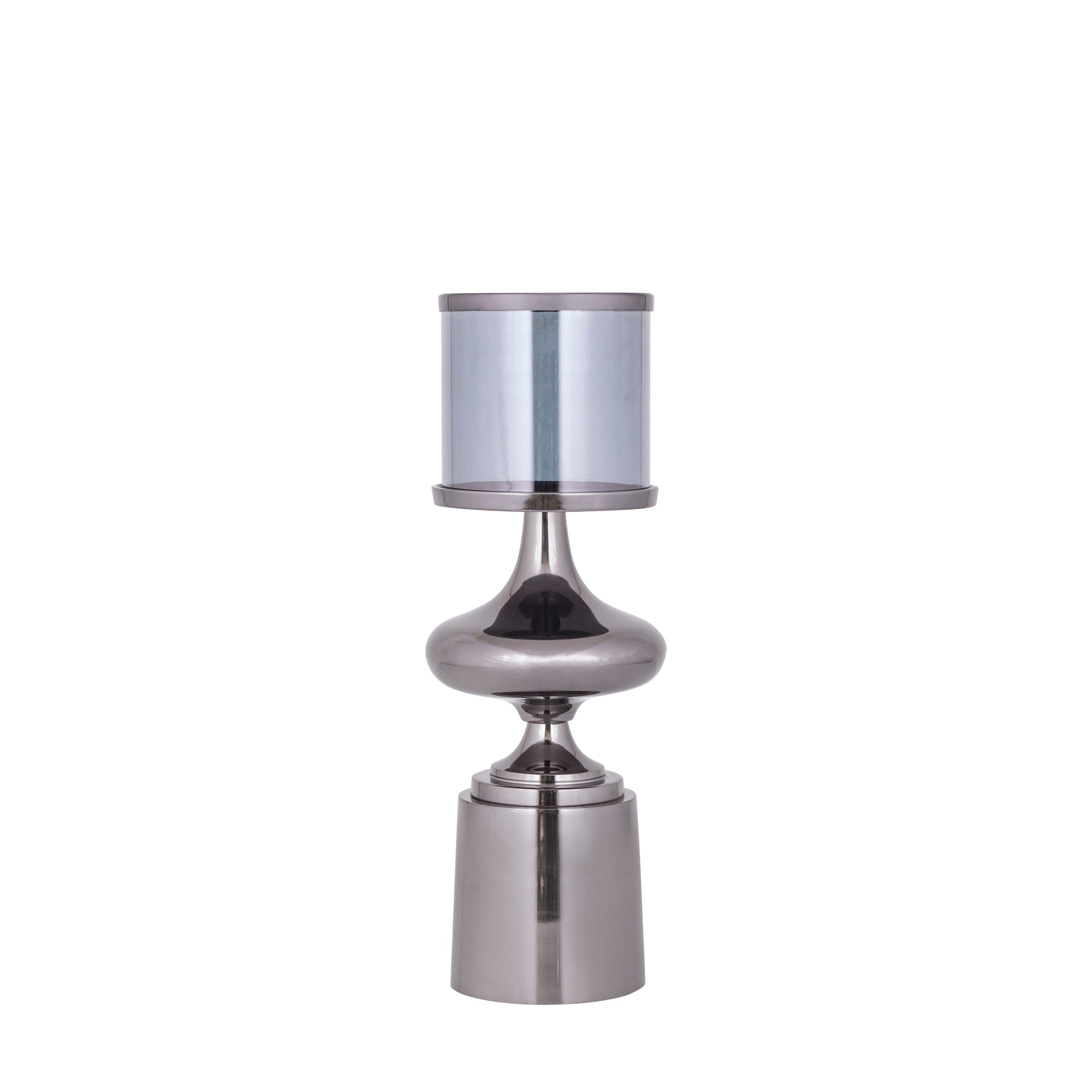 Windlicht Uvira Gunmetal Small van PTMD, aluminium met grijze gunmetal luster, op witte achtergrond