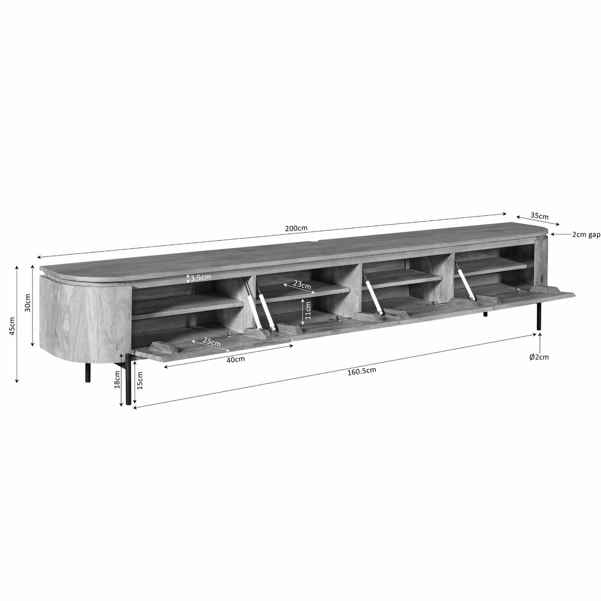 Maatschets van zwevend tv-meubel Excellent van Starfurn met afmetingen