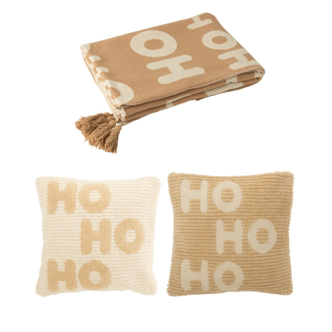 Kerstbundel Plaid & Kerstkussens HoHoHo Beige/Wit J-Line
