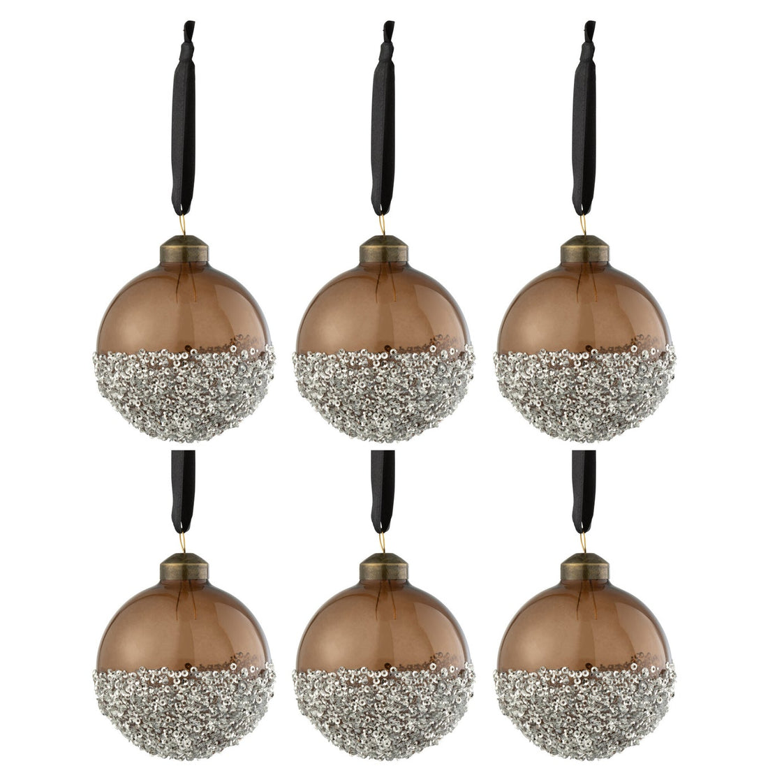 Doos Van 6 Kerstballen Parels Zilver Glas Bruin Small J-Line
