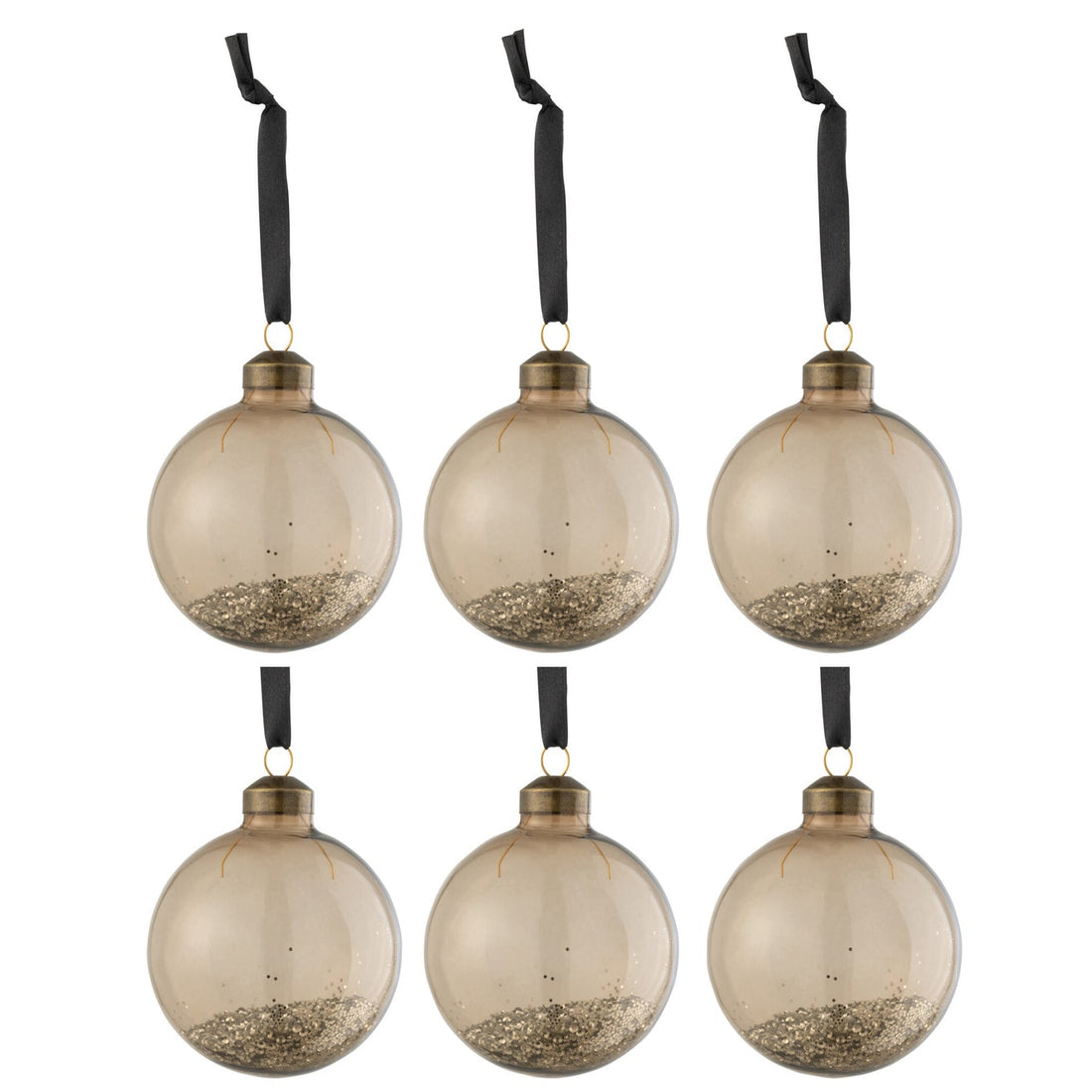 Doos Van 6 Kerstballen Glitter Binnen Glas Bruin J-Line
