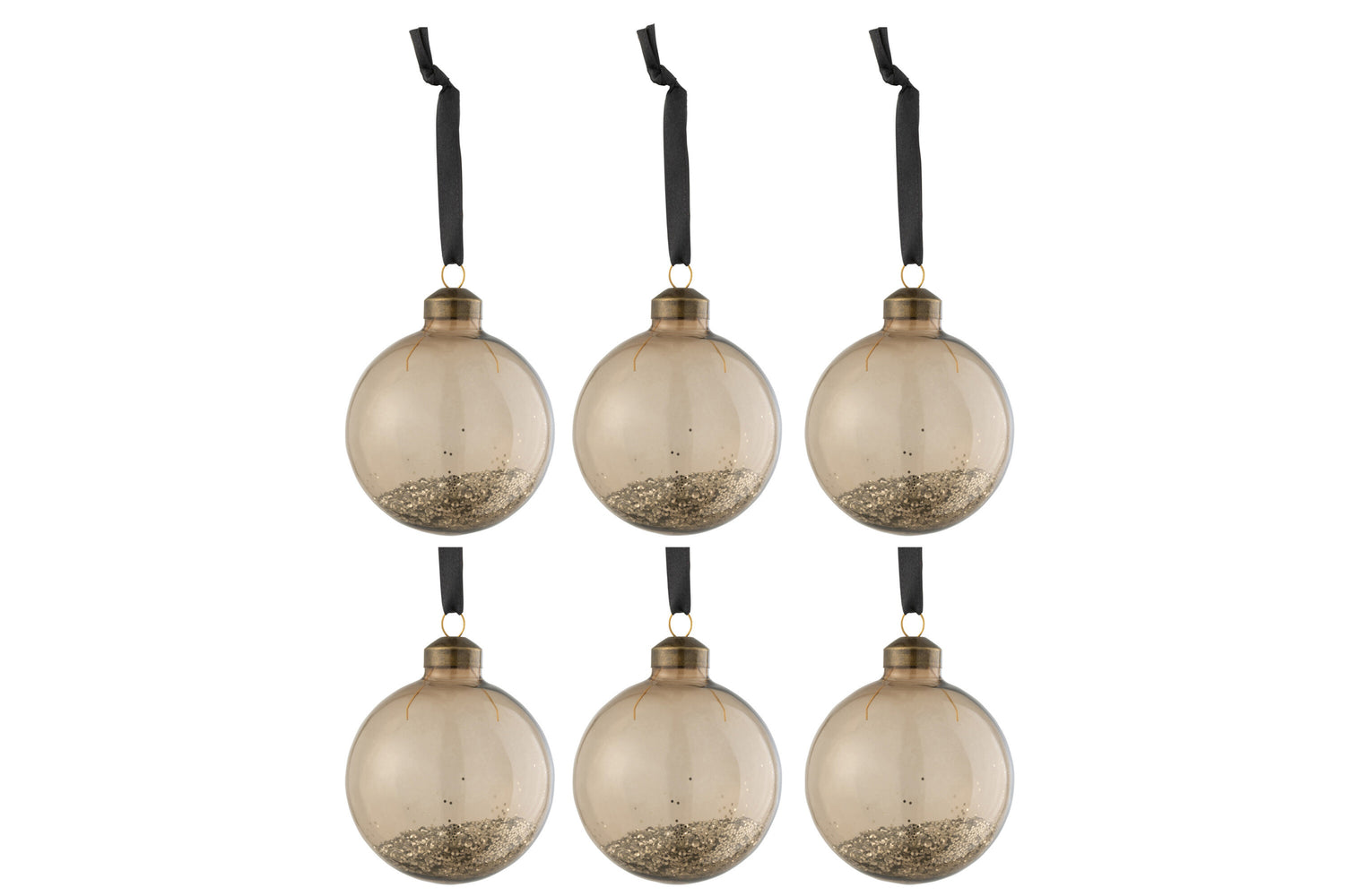 Doos Van 6 Kerstballen Glitter Binnen Glas Bruin J-Line