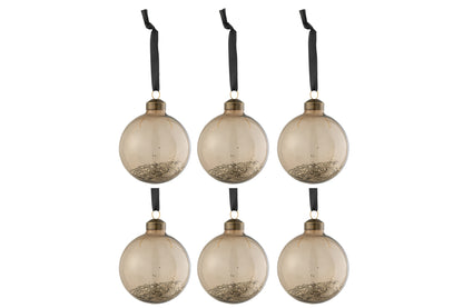 Doos Van 6 Kerstballen Glitter Binnen Glas Bruin J-Line