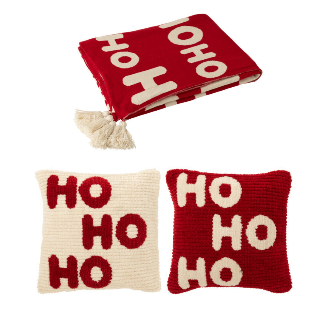 Kerstbundel Plaid & Kerstkussens HoHoHo Rood/Wit J-Line