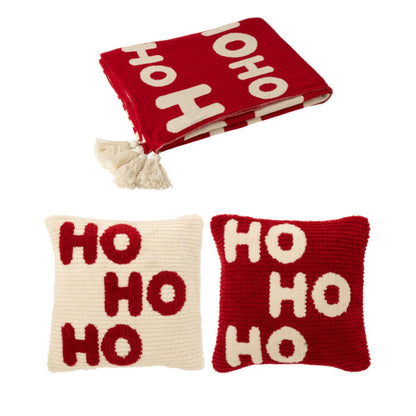Kerstbundel Plaid &amp; Kerstkussens HoHoHo Rood/Wit J-Line
