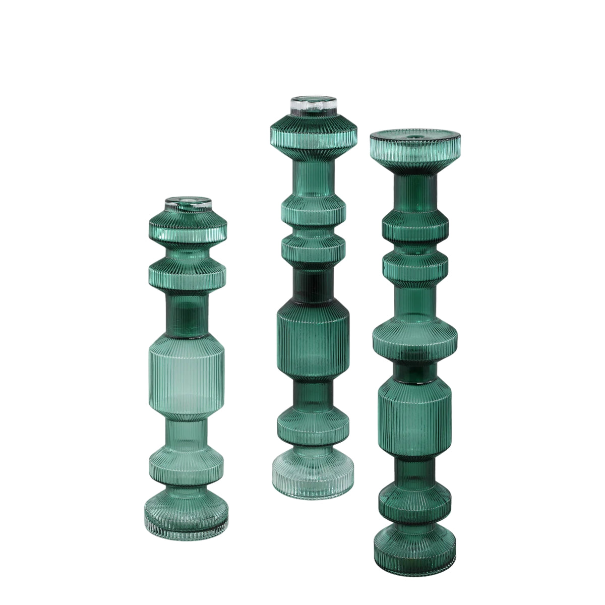 Galinda Dunkelgrüner Geriffelter Glas-Kerzenständer PTMD Set aus 3