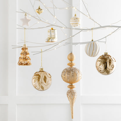 Doos Van 4 Kerstboom Ornament + Kralen Glas Goudkleurig J-Line