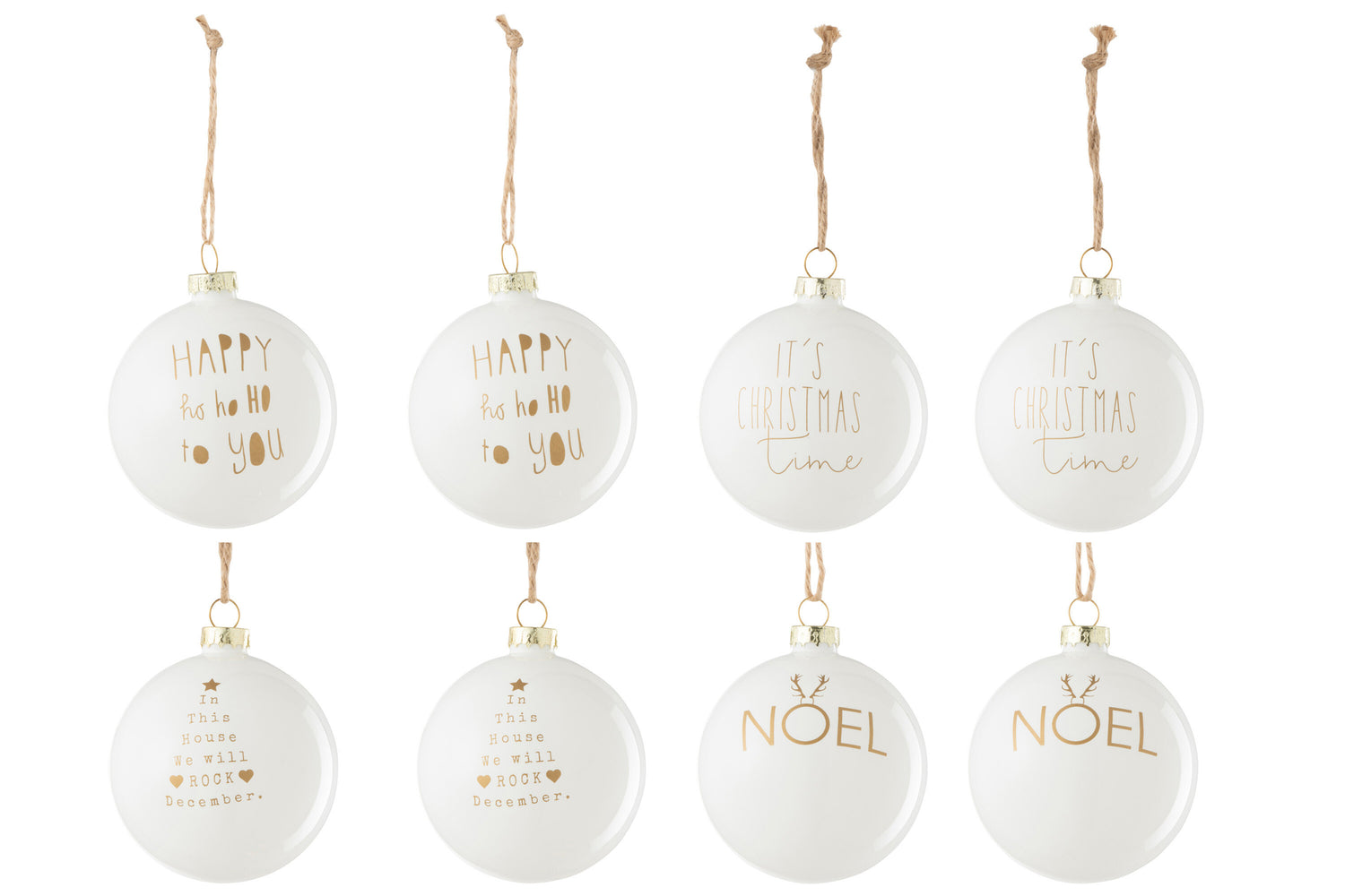 Doos Van 8 Kerstbal 2+2+2+2 Tekst Kerstmis Glas Wit/Goud J-Line