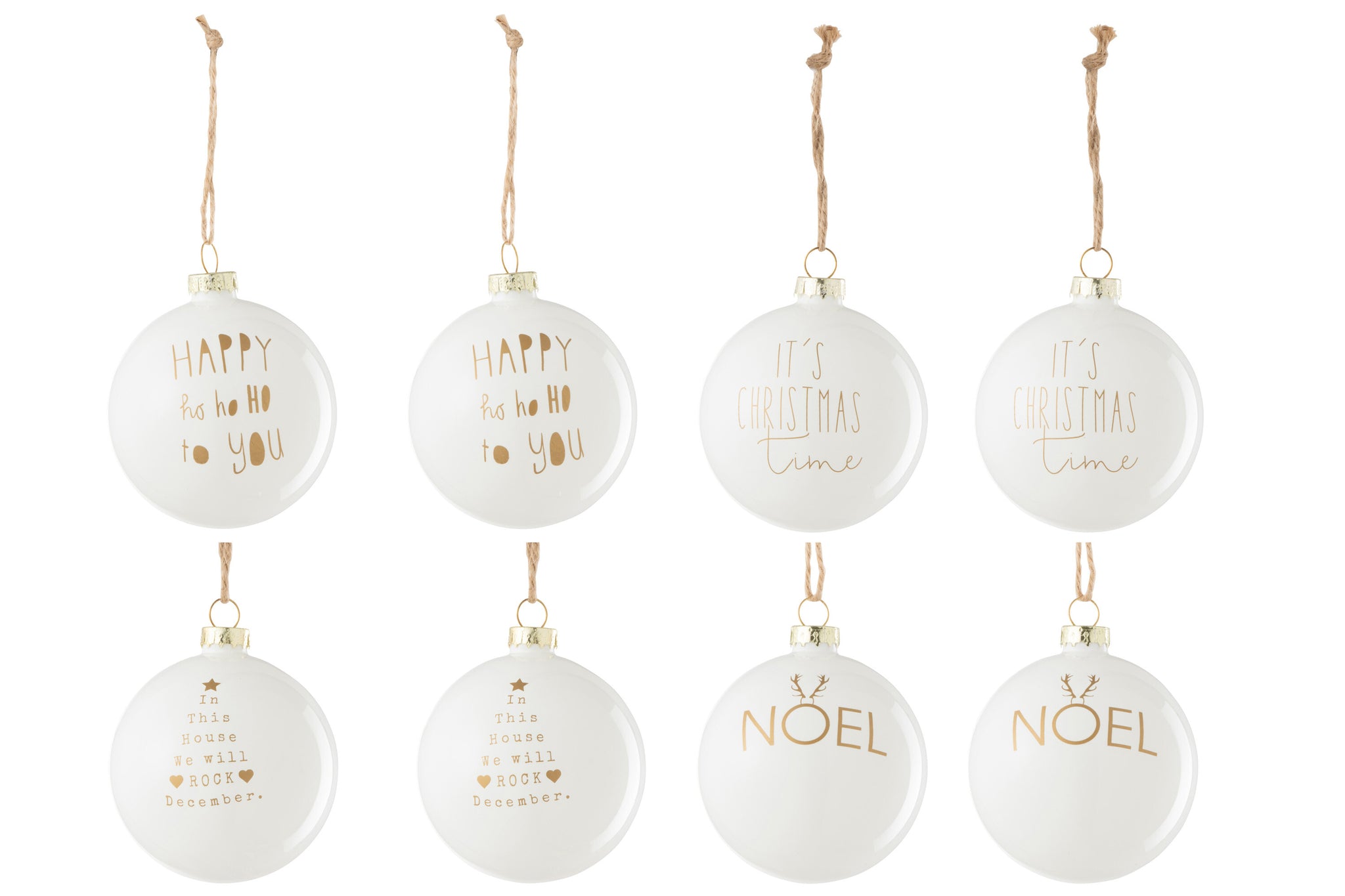 Doos Van 8 Kerstbal 2+2+2+2 Tekst Kerstmis Glas Wit/Goud J-Line