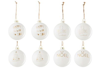 Doos Van 8 Kerstbal 2+2+2+2 Tekst Kerstmis Glas Wit/Goud J-Line