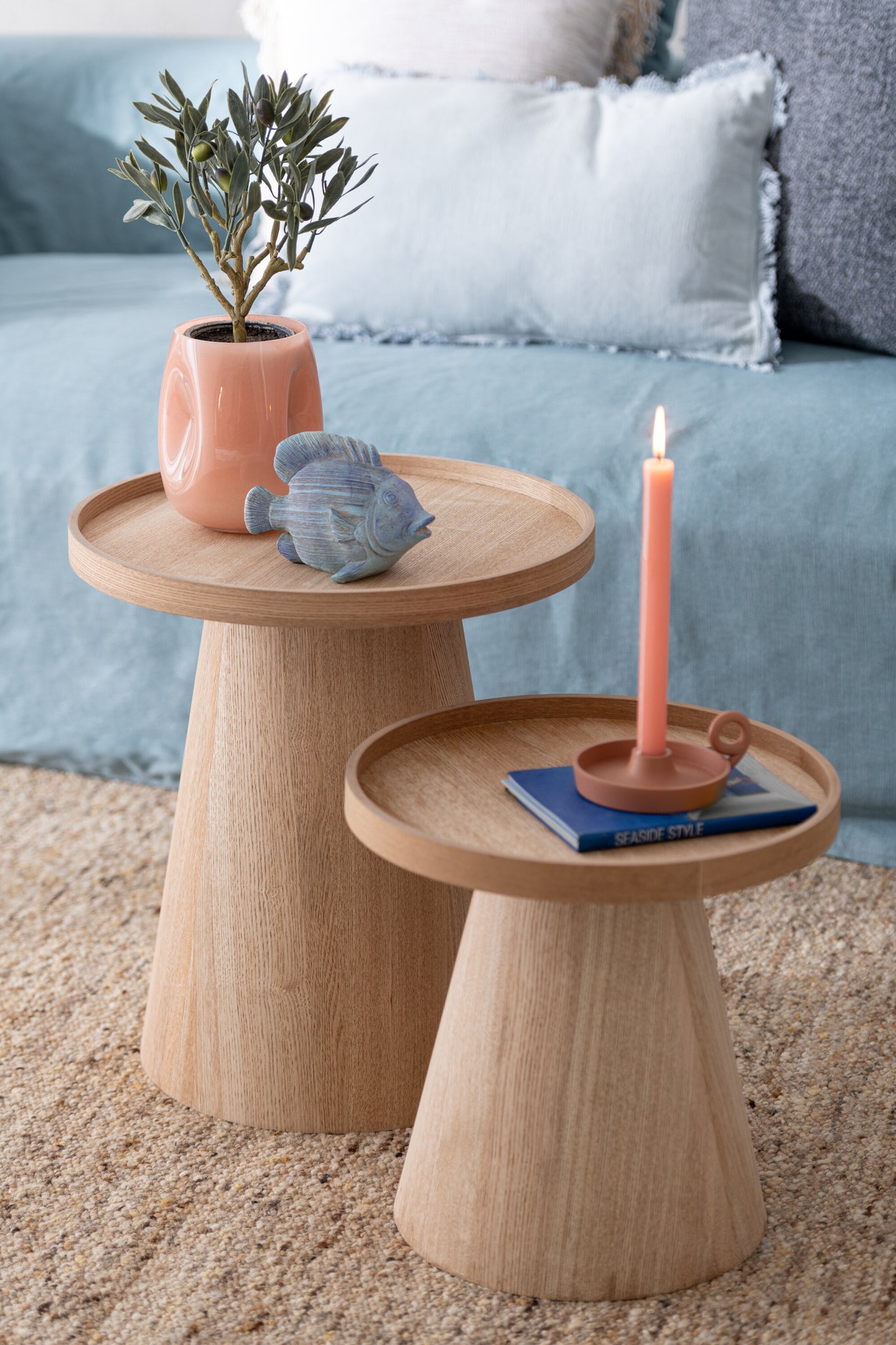 Bijzettafels Rond + Rand Hout Naturel Set van 2 J-Line