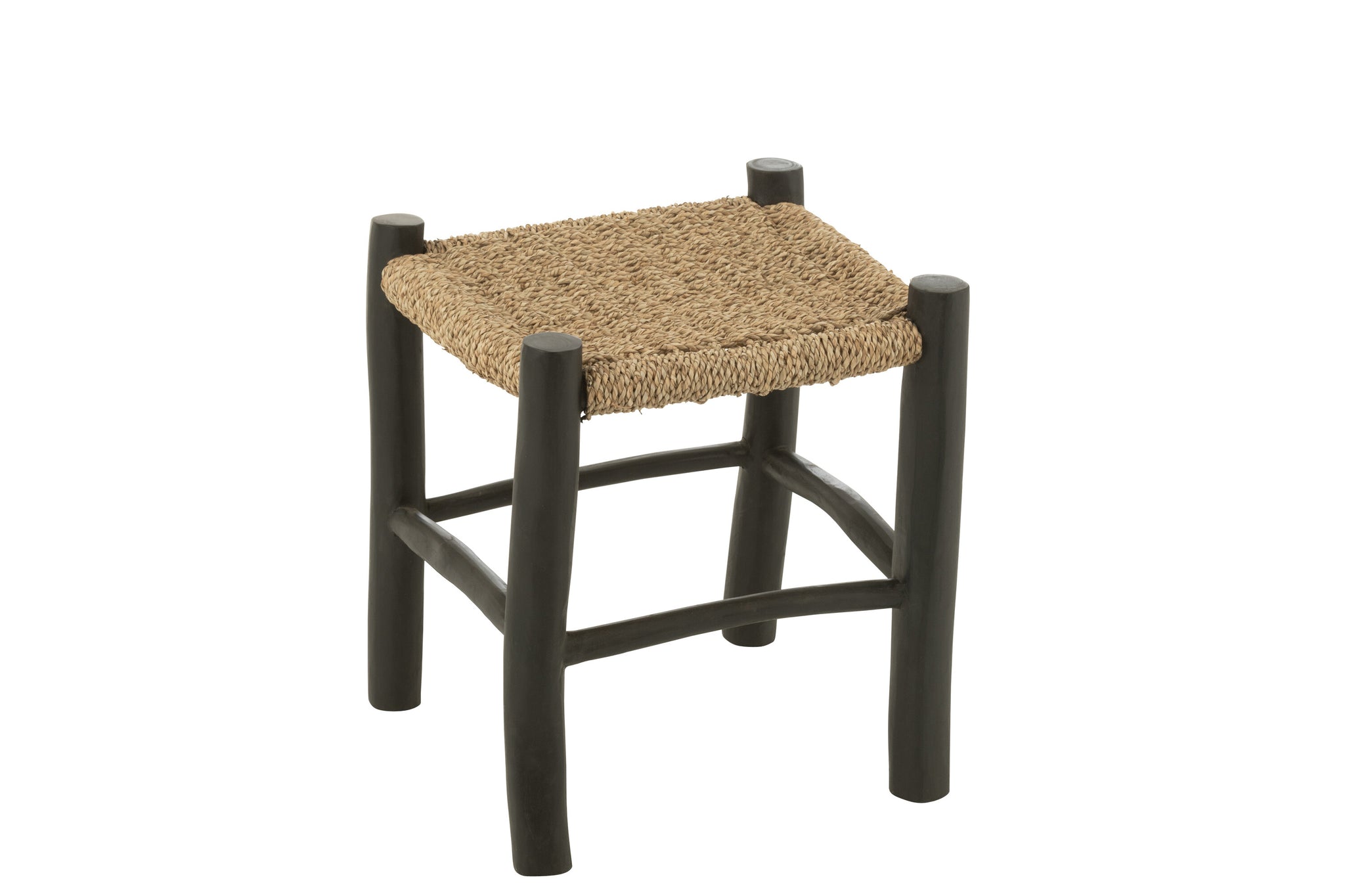 Kruk Vierkant Teak Hout/Zeegras Zwart/Naturel